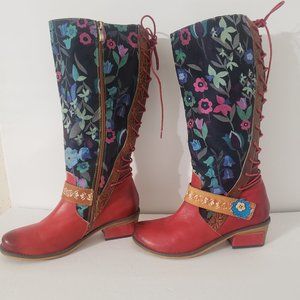 Socofy Women's Boots Leather Calf High Boho Retro Western Floral Boots Size 8